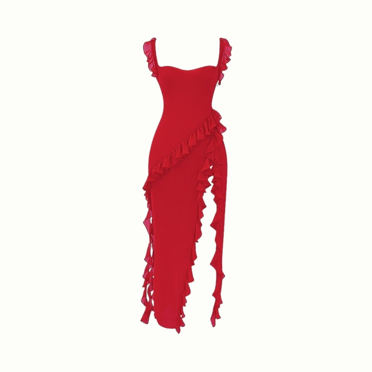 Red Kouvr dress with ruffled details on a white background