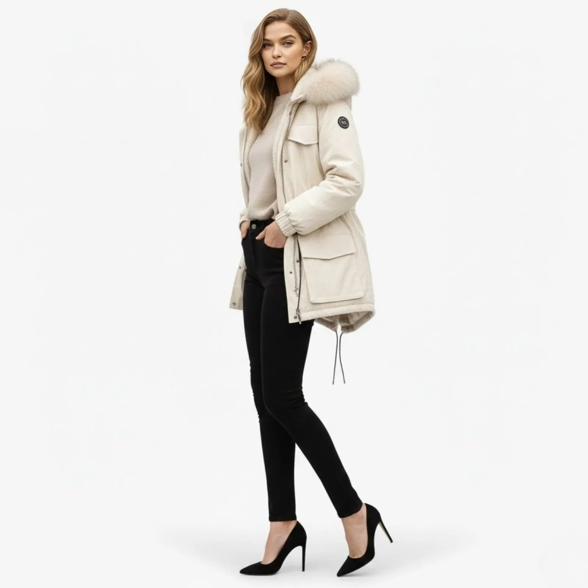 Side profile of a model in a beige mid-length winter parka, highlighting the plush fox fur trim on the hood and the jacket's silhouette. 