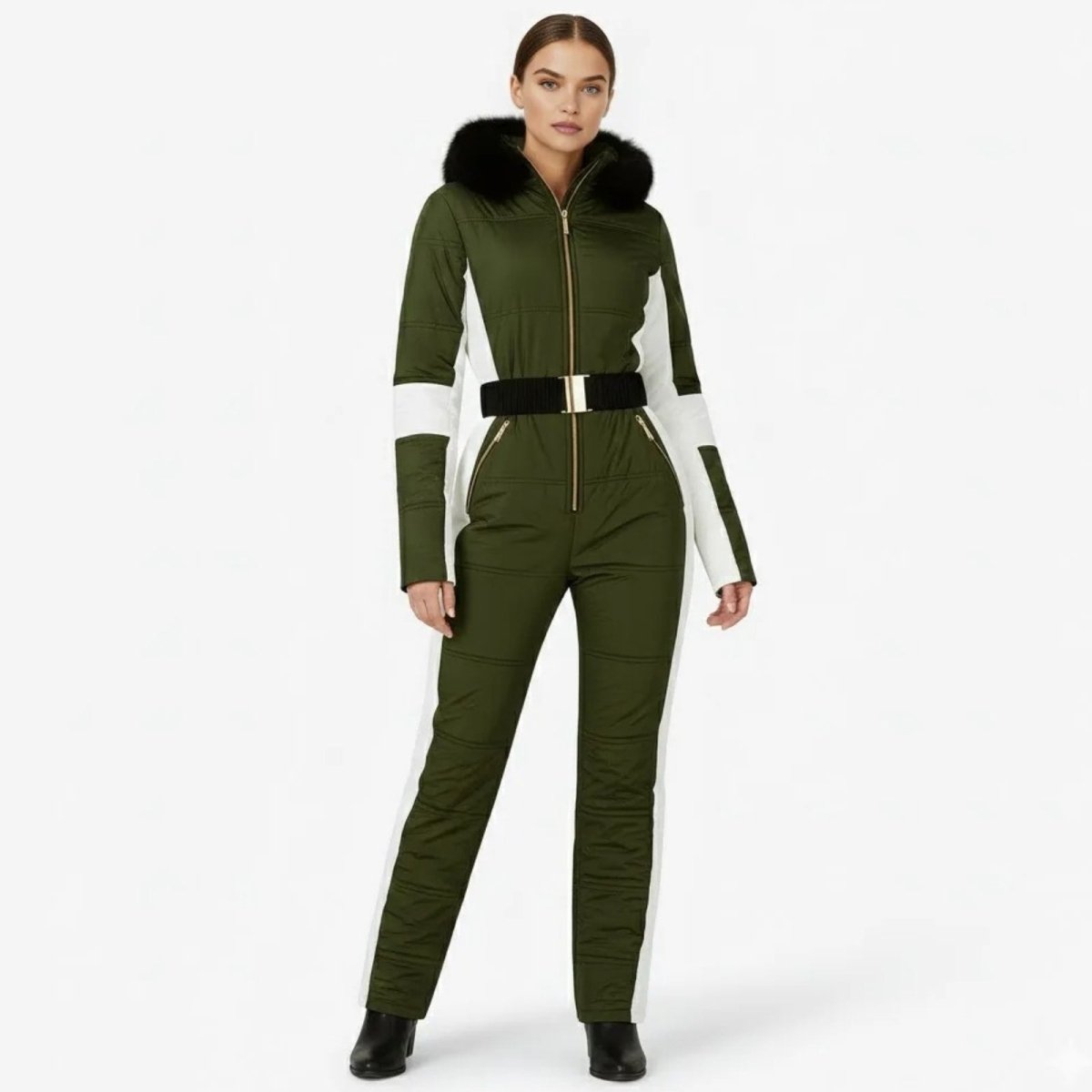Model wearing the Kouvr Fashion Dolly green and white belted one-piece ski suit with a black faux fur hood.