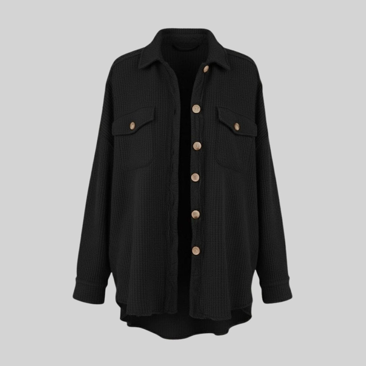 Flatlay front view of the Kouvr Fashion Donna Waffle Knit Shacket in black, displaying the waffle texture, chest pockets, and button details.
