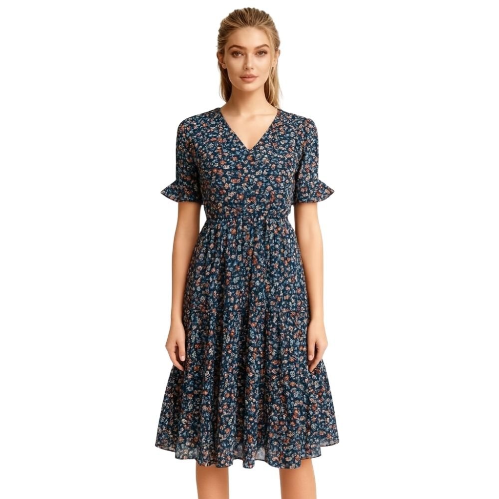 Woman wearing a kouvr  floral dress on a white background