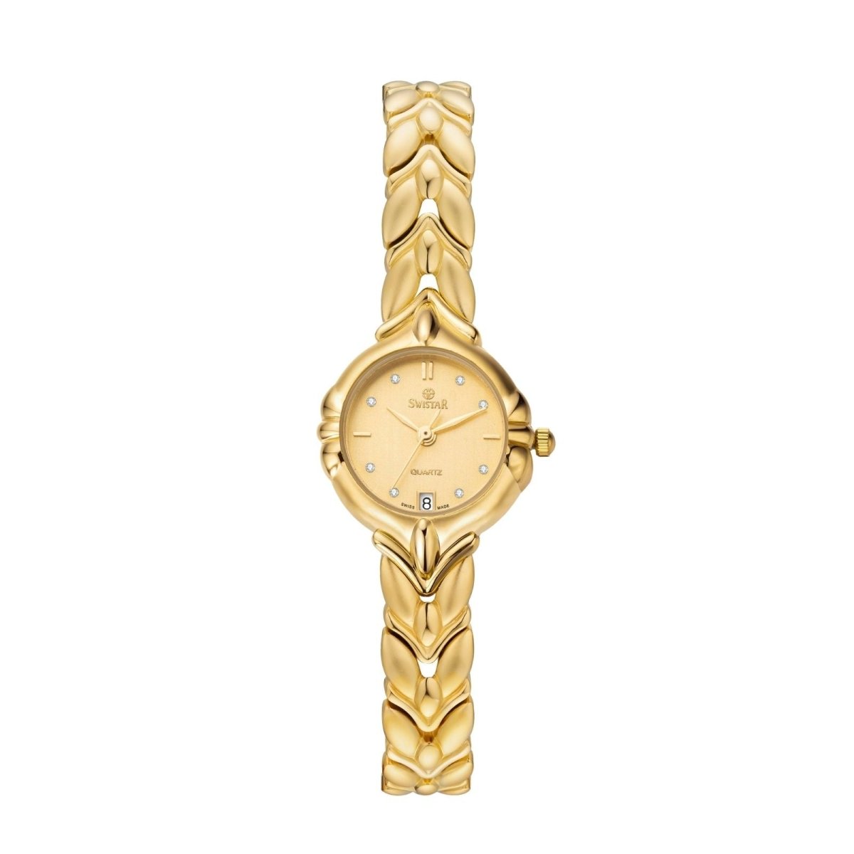 Front view of kouvr  gold women's dress watch with a leaf-patterned bracelet and diamond accents.