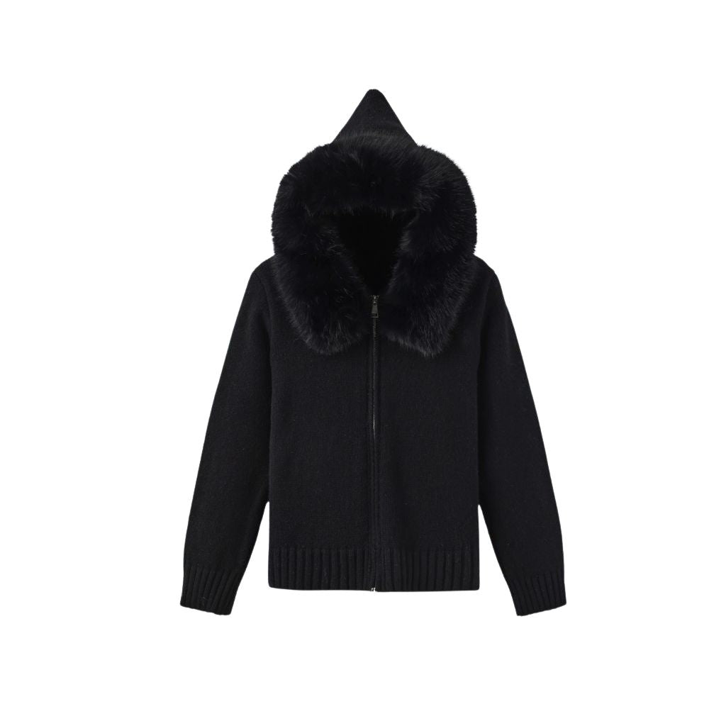 Black kouvr hoodie with fur trim on a white background
