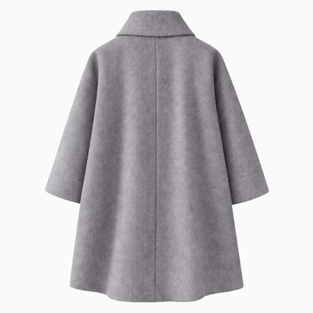 Flatlay product shot of the back of the Kouvr Fashion gray cocoon coat, detailing the clean lines and construction.