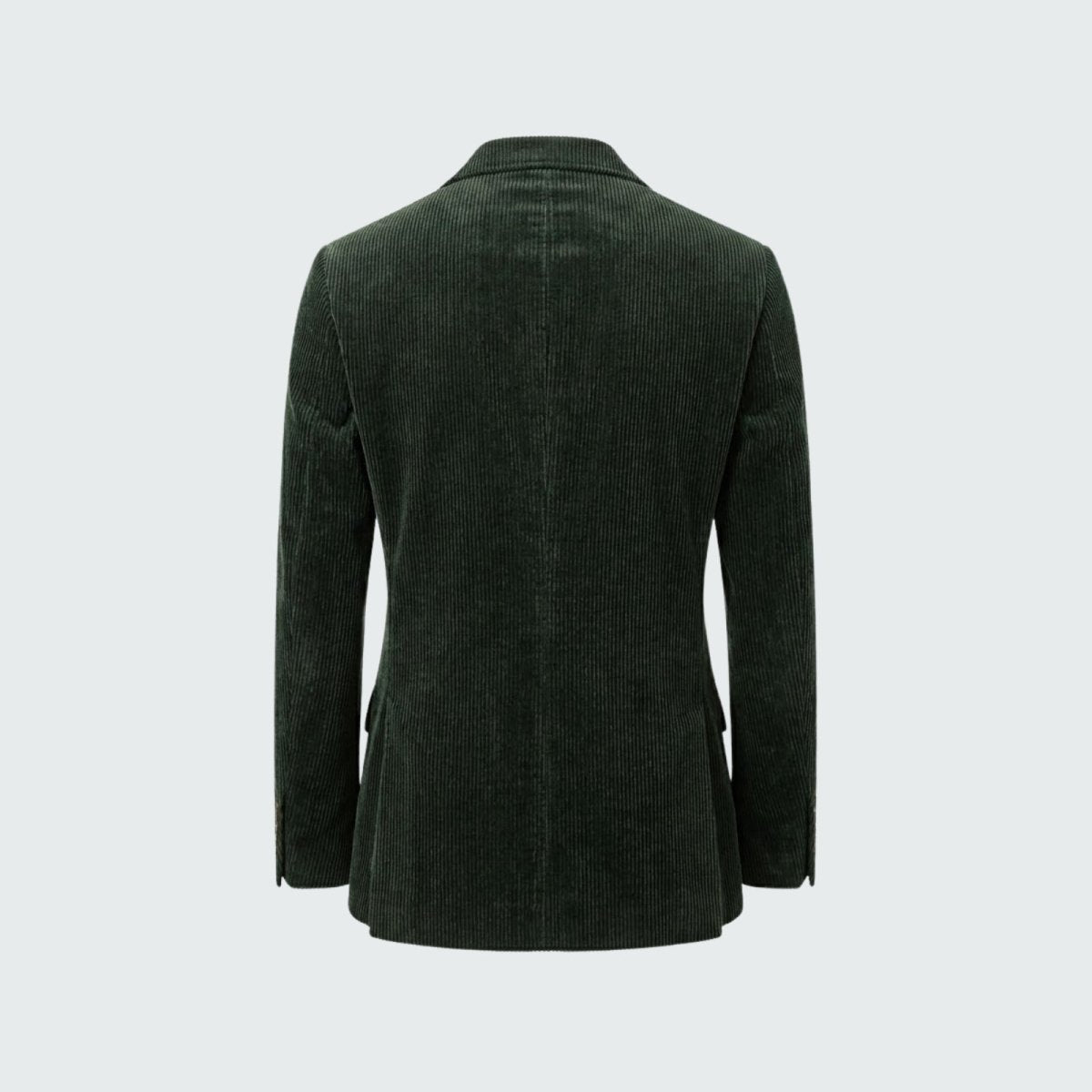 Rear flat-lay view of the Kouvr Fashion men's green grady blazer, detailing the center seam and quality construction of the back panel.