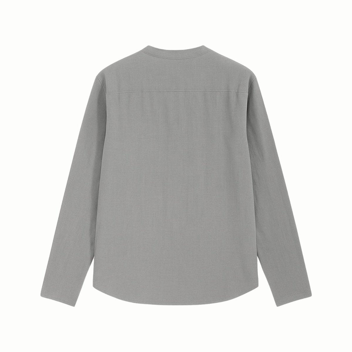 Top-down flat lay view of the back of the Kouvr Fashion grey long sleeve shirt, displaying the minimalist design and shoulder yoke stitching.