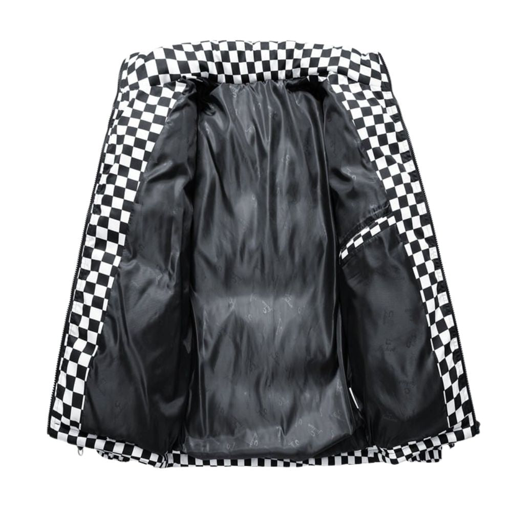 Model wearing the Kouvr Fashion Grid checkerboard puffer jacket with a black turtleneck