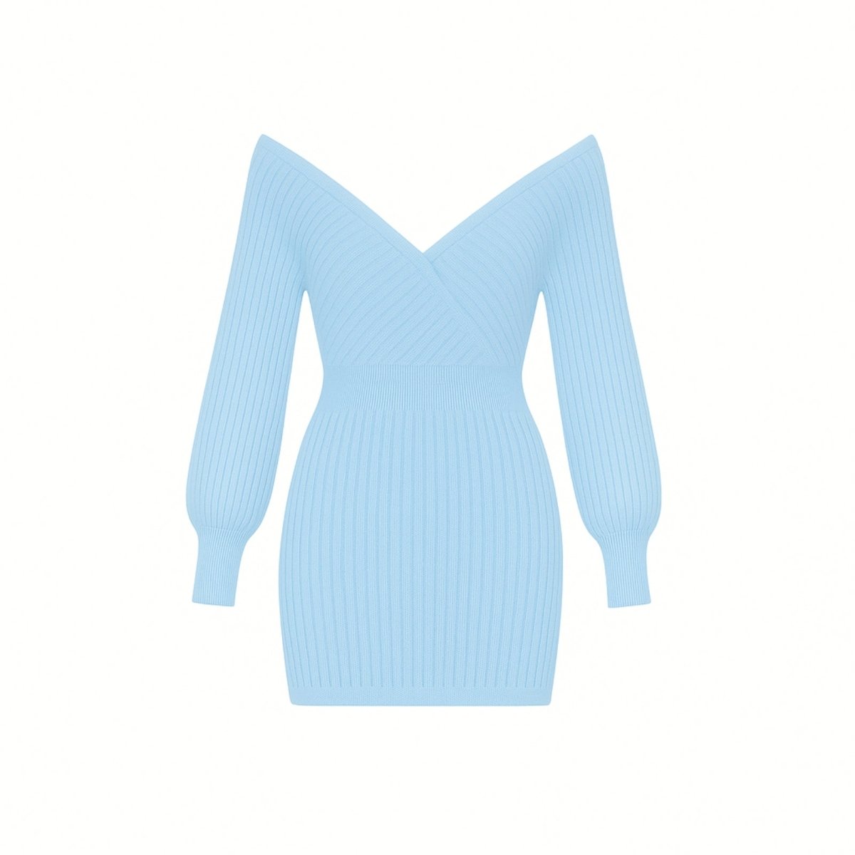 Flat lay product shot of the Gwynth long sleeve off-the-shoulder ribbed mini dress in light blue by Kouvr Fashion.