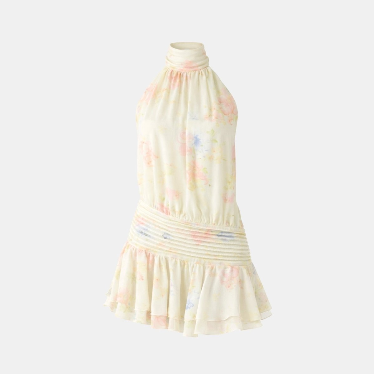 Flat product shot of the front of the Kouvr Fashion Hope watercolor floral halter mini dress on a white background.

