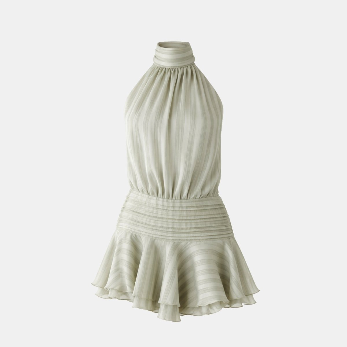 Ghost mannequin product shot of the Kouvr Fashion sage green halter mini dress with vertical stripes.