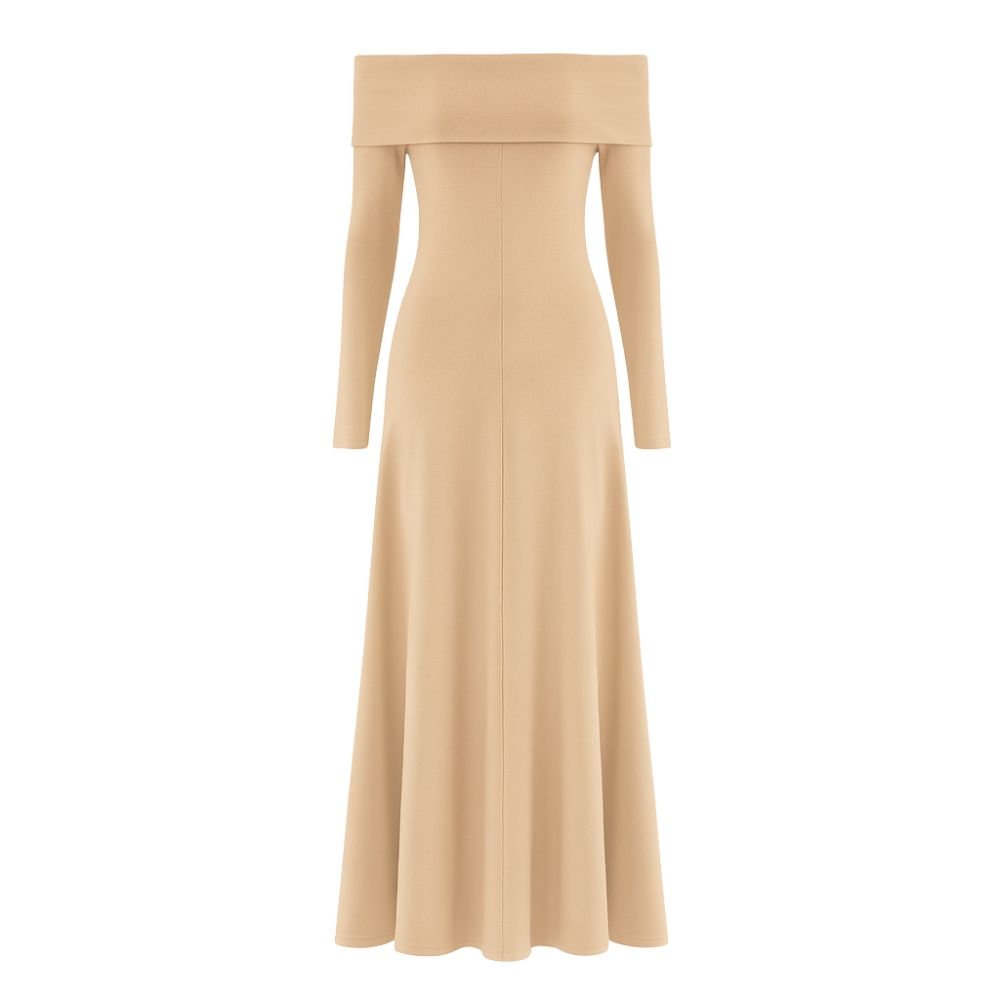 Khaki kouvr off-shoulder long-sleeve dress on a white background