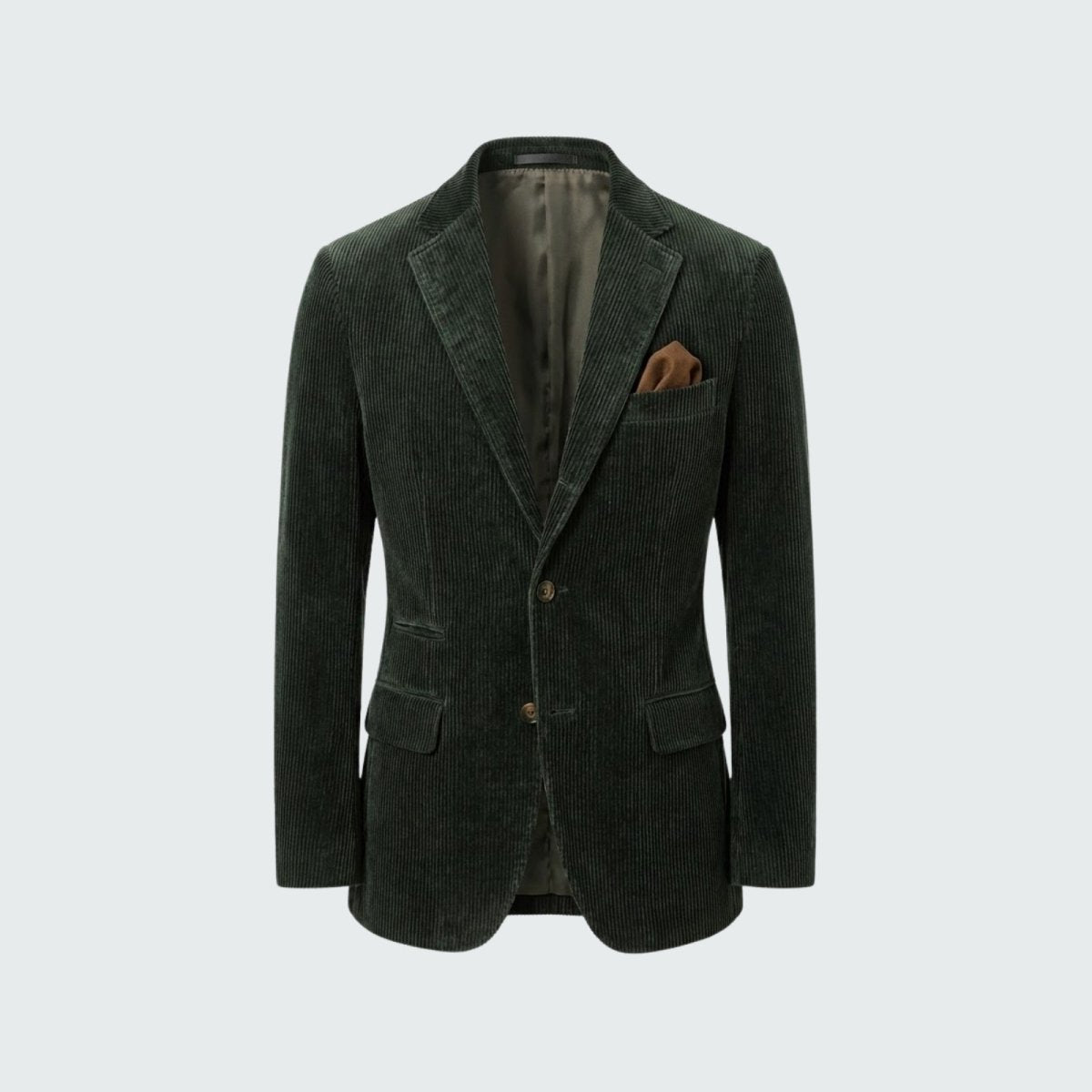 Flat-lay of the Kouvr Fashion two-button green grady blazer, displaying the rich texture of the Italian cotton and notch lapels.
