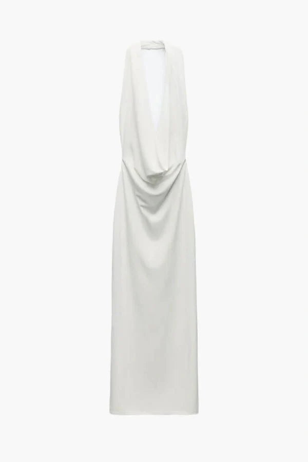 draped neckline,' 'plunge front,' and 'open-back dress