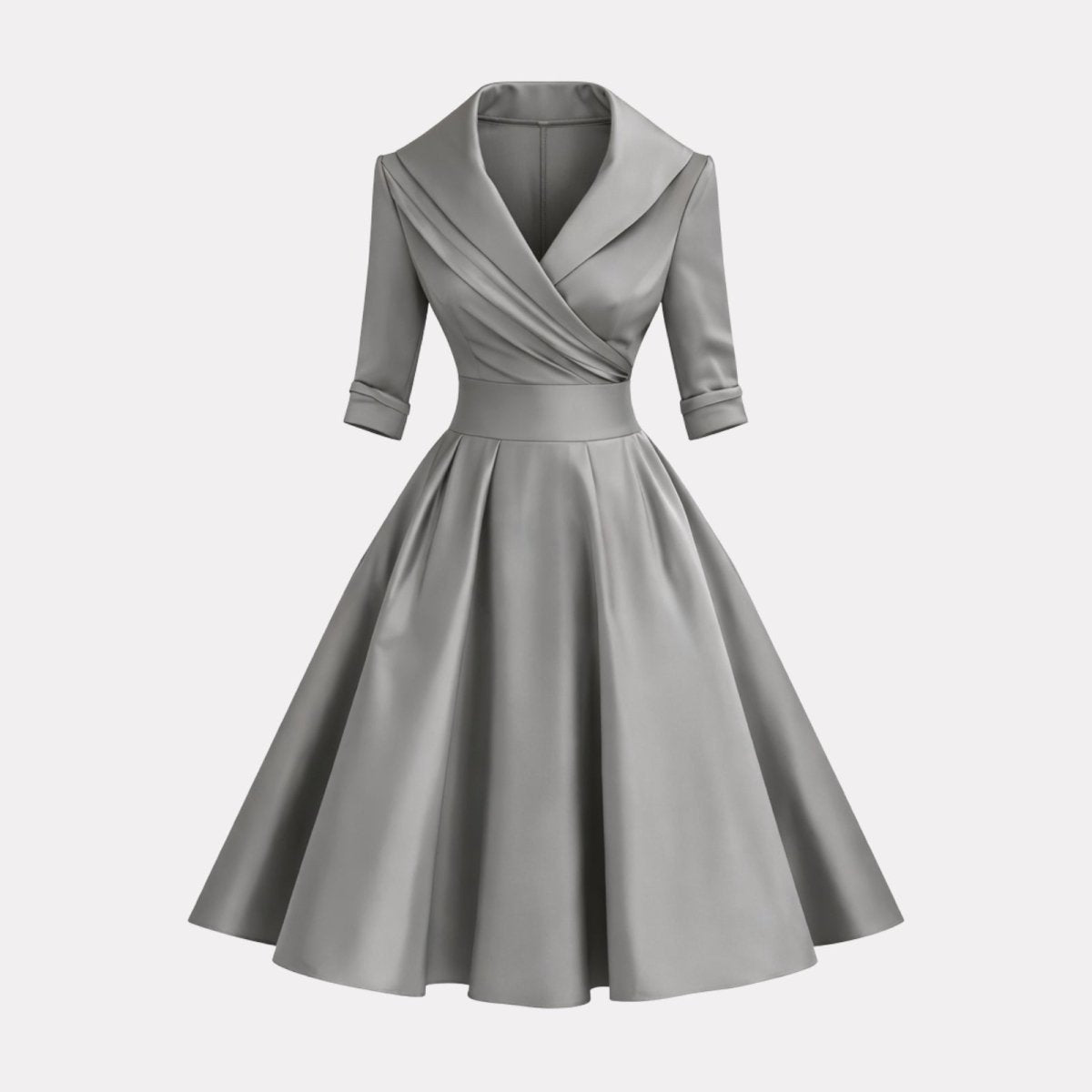 Front view flat lay of the Kouvr Fashion Jenner grey satin midi dress with a surplice neckline and shawl collar.