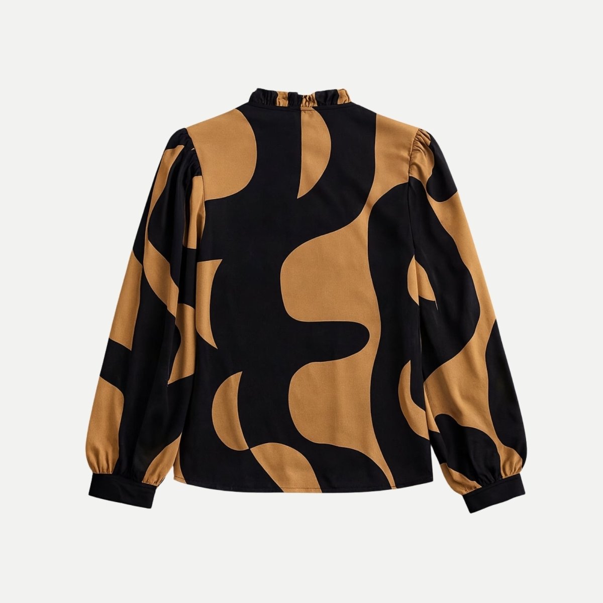 Flat lay of the back of the Judith blouse, highlighting the ruffled mock-neck collar detail and gathered shoulders.