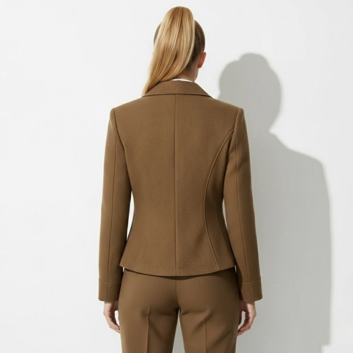 Back view of the Kouvr Fashion Kensington Sculpted Blazer in tobacco dark khaki, highlighting the shaping princess seams and clean tailoring.