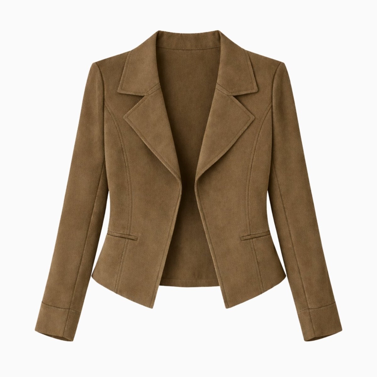 Flat lay of the Kouvr Fashion Kensington Sculpted Blazer in tobacco dark khaki, showing the open front, notched lapels, and welt pockets.