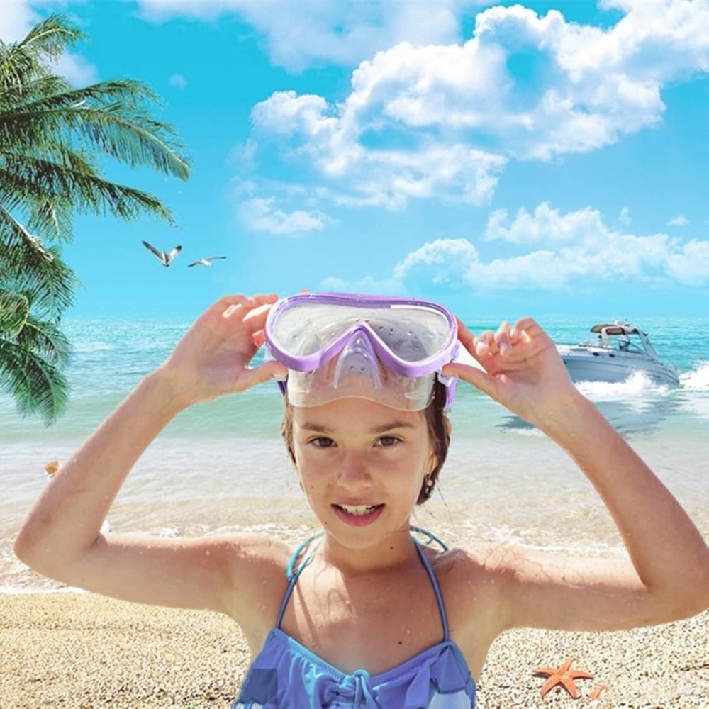 anti-leak," "panoramic view," "ocean exploration," "pool swimming," "beach vacation essential," "comfortable fit," and "easy breathing