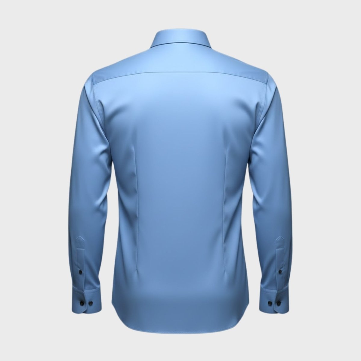 Back view of the Kouvr Fashion men's light blue shirt, showing the back yoke and shaping darts for a slim fit.