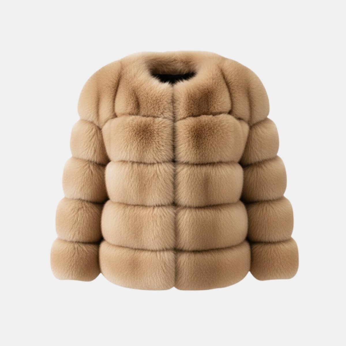 Front product shot of a collarless, short, camel faux fur jacket with horizontal panels on a white background.
