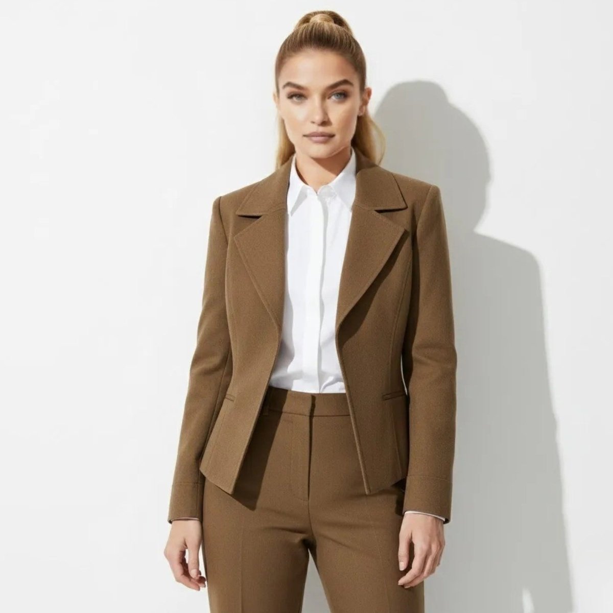 Woman with blonde ponytail wearing the Kouvr Fashion Kensington Sculpted Blazer in tobacco dark khaki with a white shirt and matching trousers, facing forward.