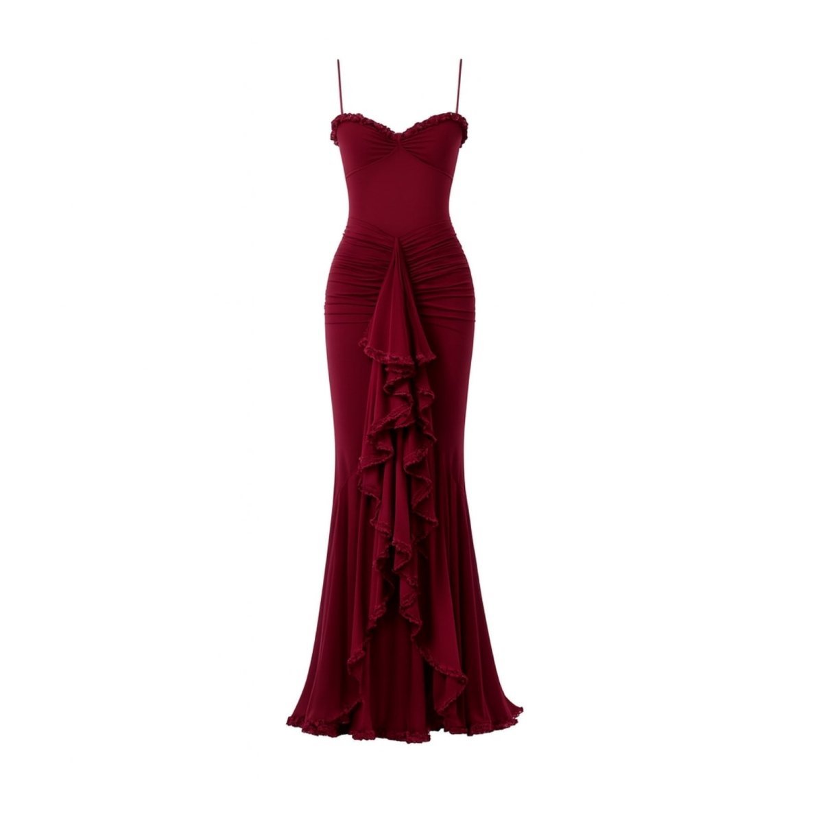 Maroon evening gown with ruffled details on a white background