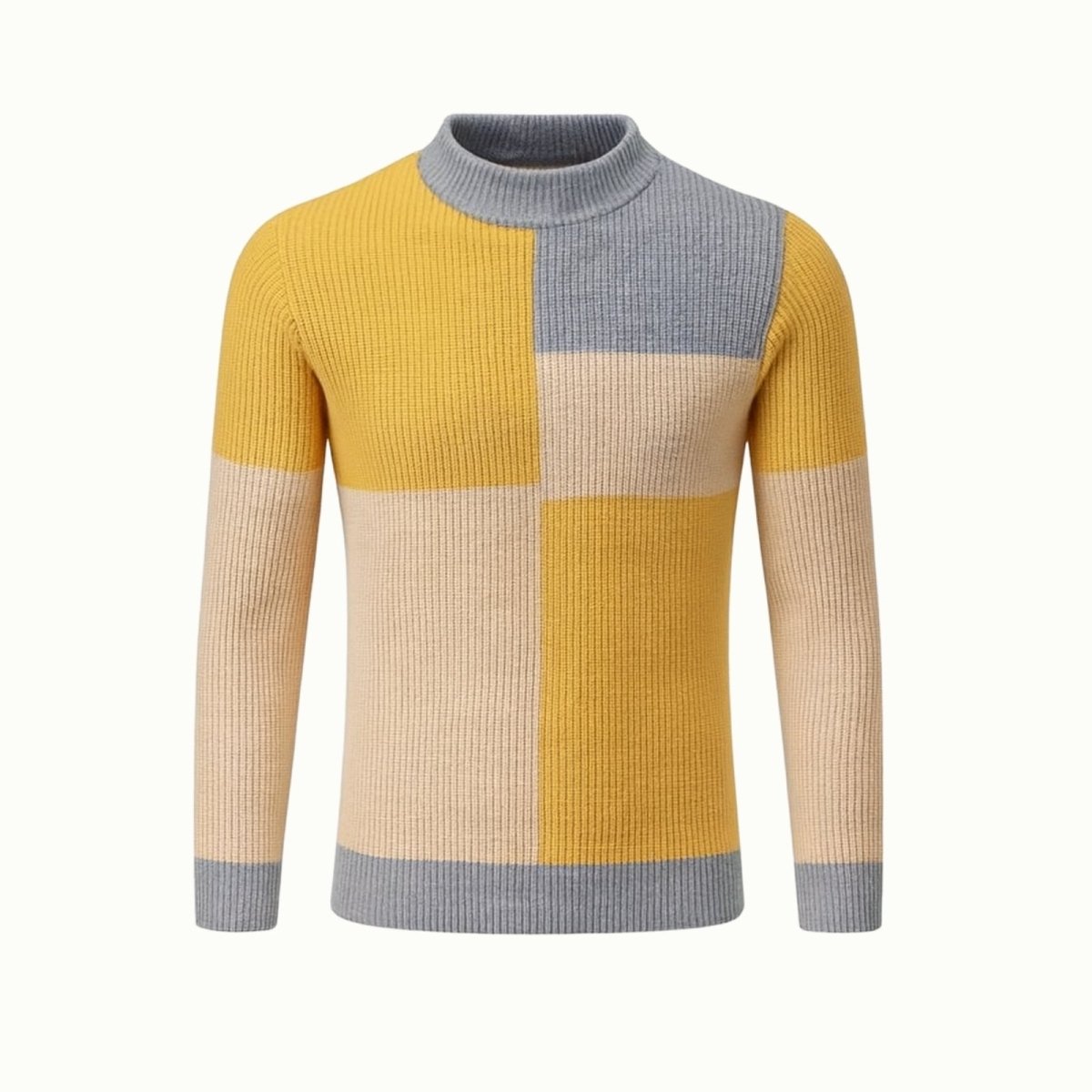 Flat lay product shot of the front of the Kouvr Fashion men's yellow and grey color-block turtleneck sweater. 