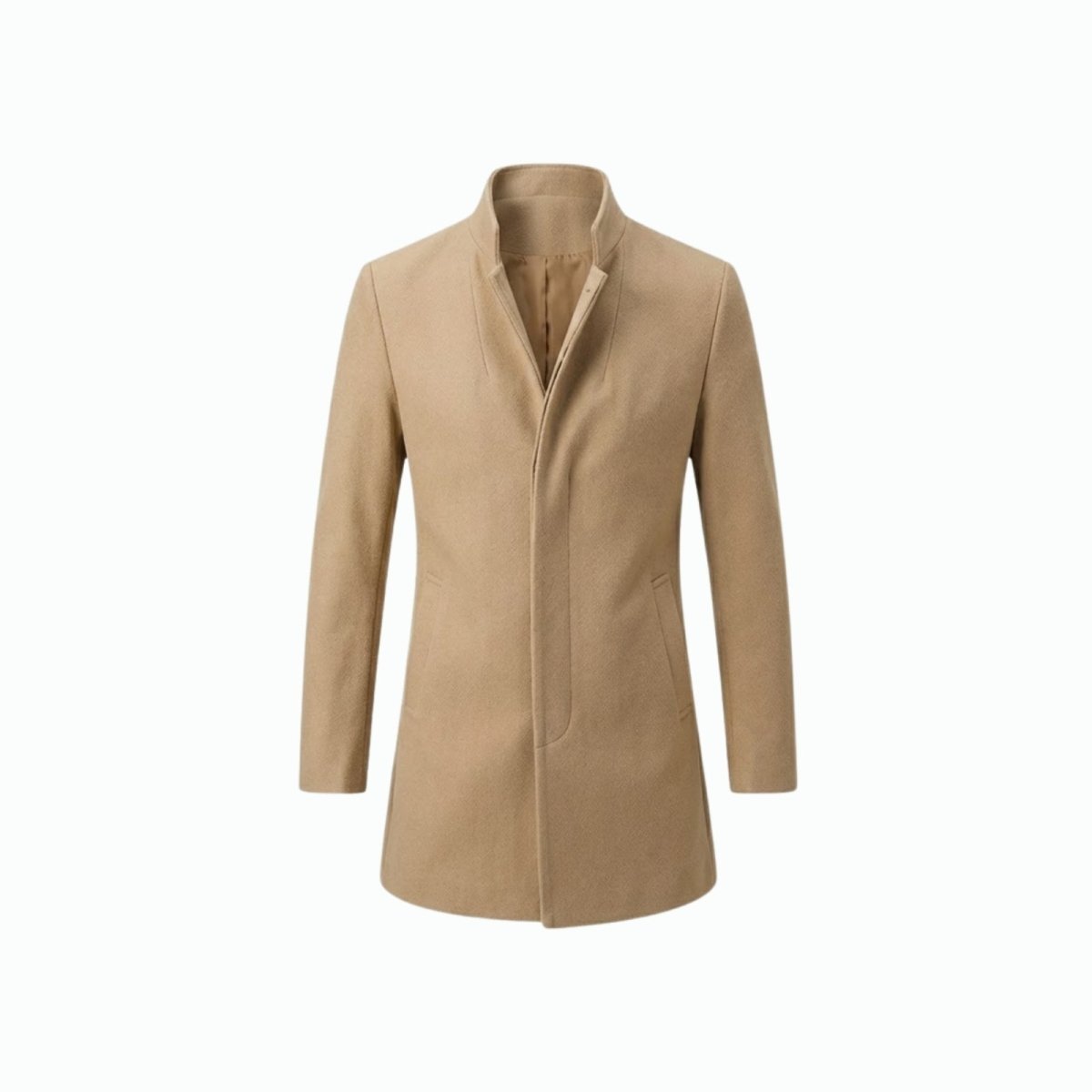 Front product shot of the men's khaki stand collar wool coat by Kouvr Fashion on a white background.