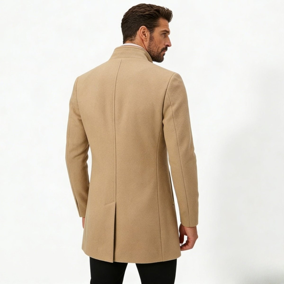 Back view of the Kouvr Fashion men's khaki overcoat highlighting the single vent and structured shoulder construction.
