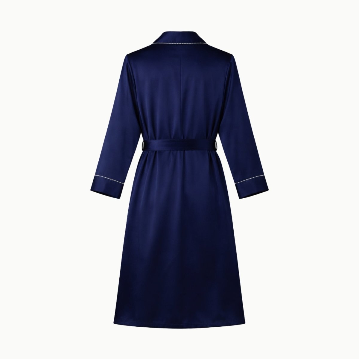 Back view of the folded navy silk dressing gown, displaying the quality craftsmanship and sheen of the 100% Mulberry silk.