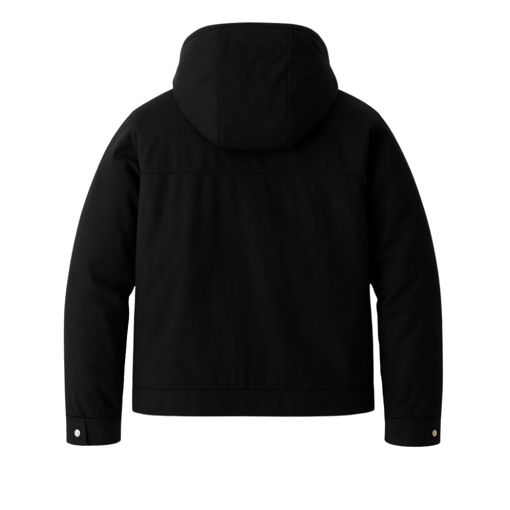 Black kouvr hooded jacket on a white background