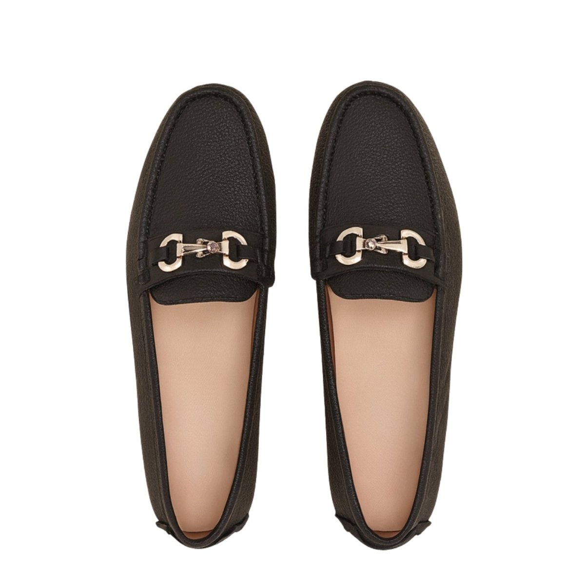 Top-down view of Kouvr Mildred women's black pebbled leather loafers with a silver jeweled horsebit buckle on a white background.