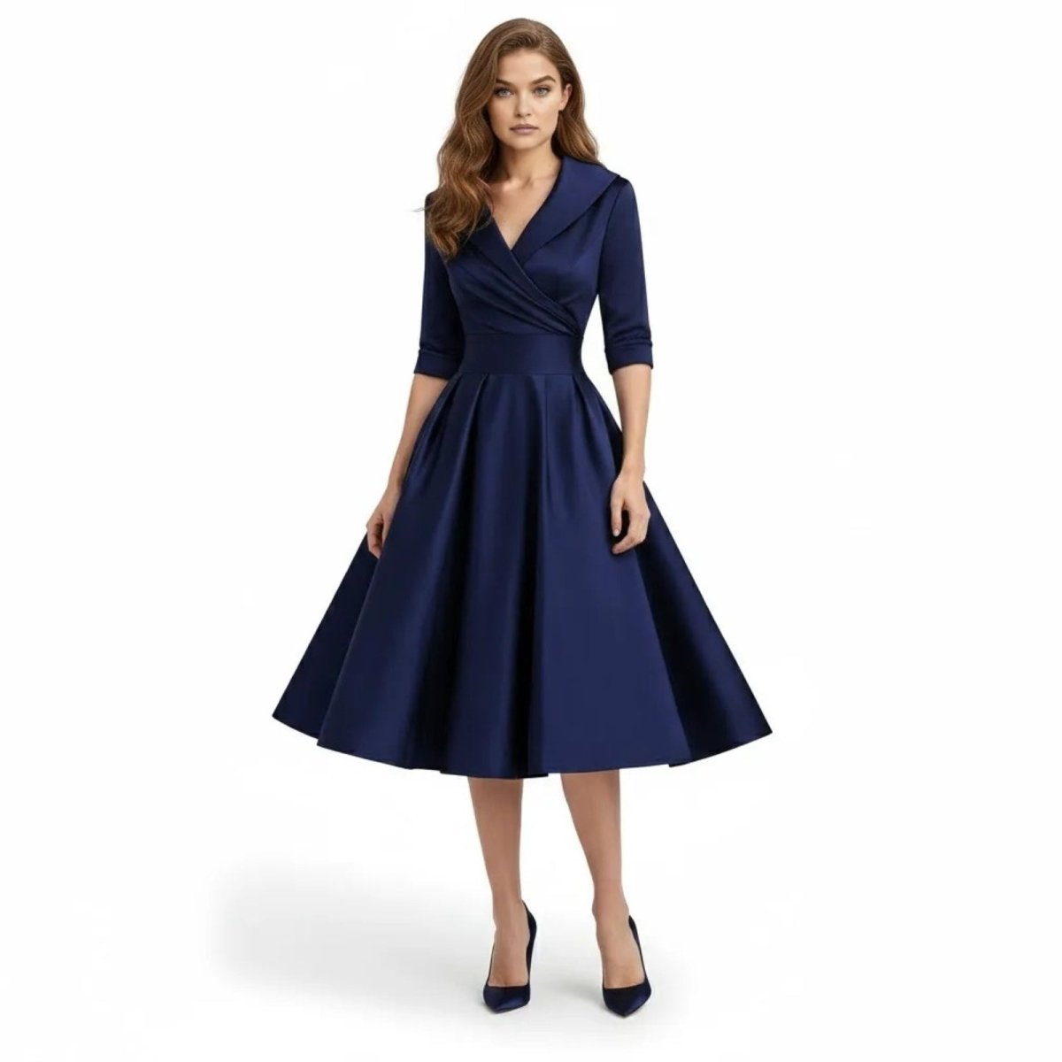 Model wearing a navy blue fit and flare midi dress with a shawl collar and 3/4 sleeves from Kouvr Fashion, front view.