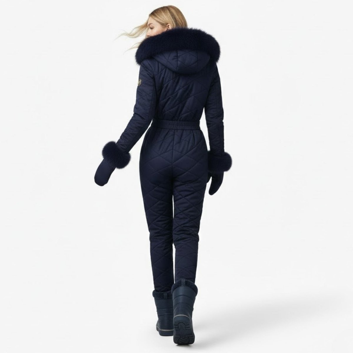 Back view of a woman in the Kouvr Fashion navy blue quilted ski jumpsuit, showing the fit and hooded detail.