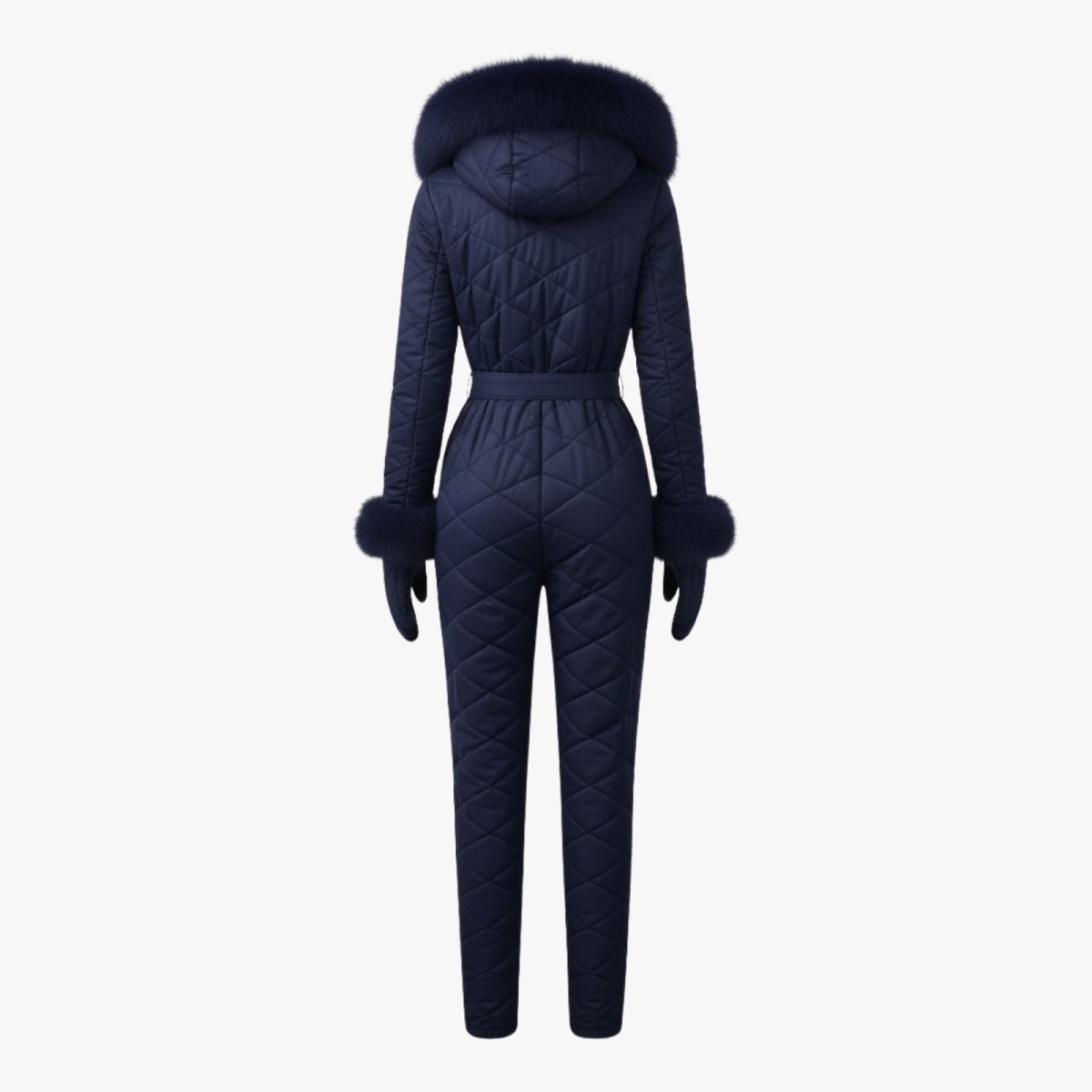 Back product shot of the Kouvr Fashion navy blue quilted ski jumpsuit showcasing the diamond stitching and belted waist.