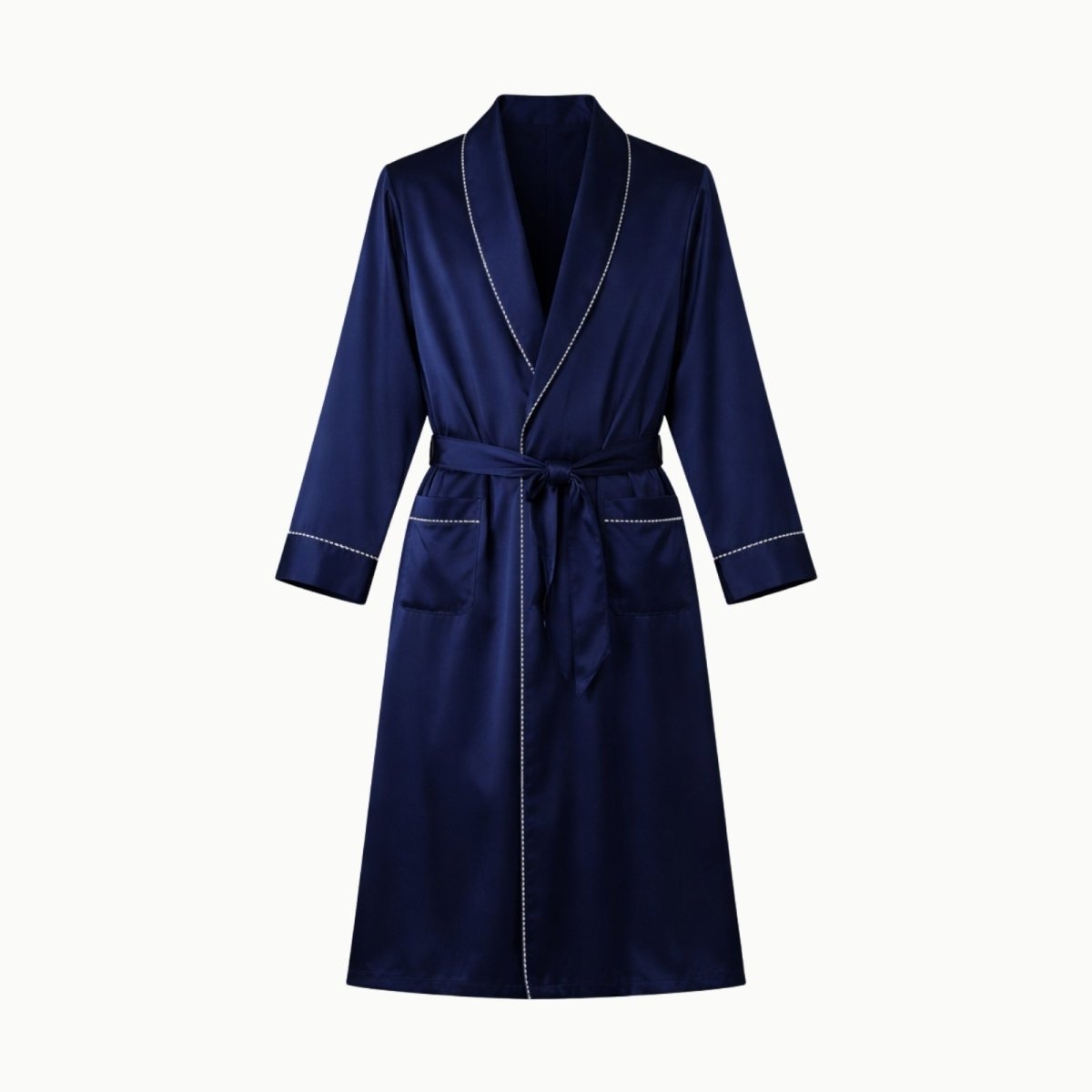 Flat lay of the Kouvr Fashion men's navy silk robe, showcasing the white piping detail on the collar, pockets, and tie belt.
