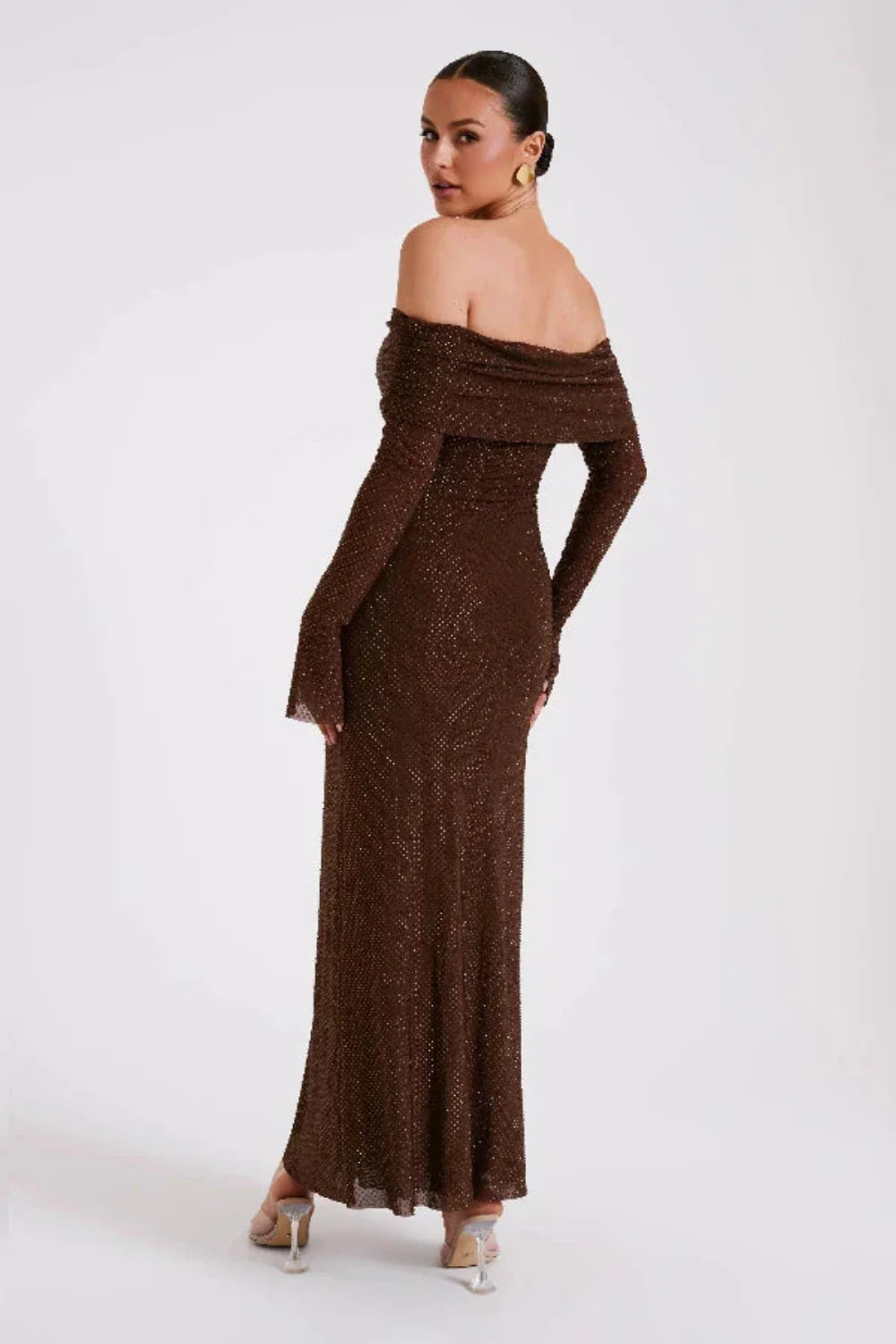 Model wearing Kouvr Fashion long sleeve off-the-shoulder brown sequin formal gown