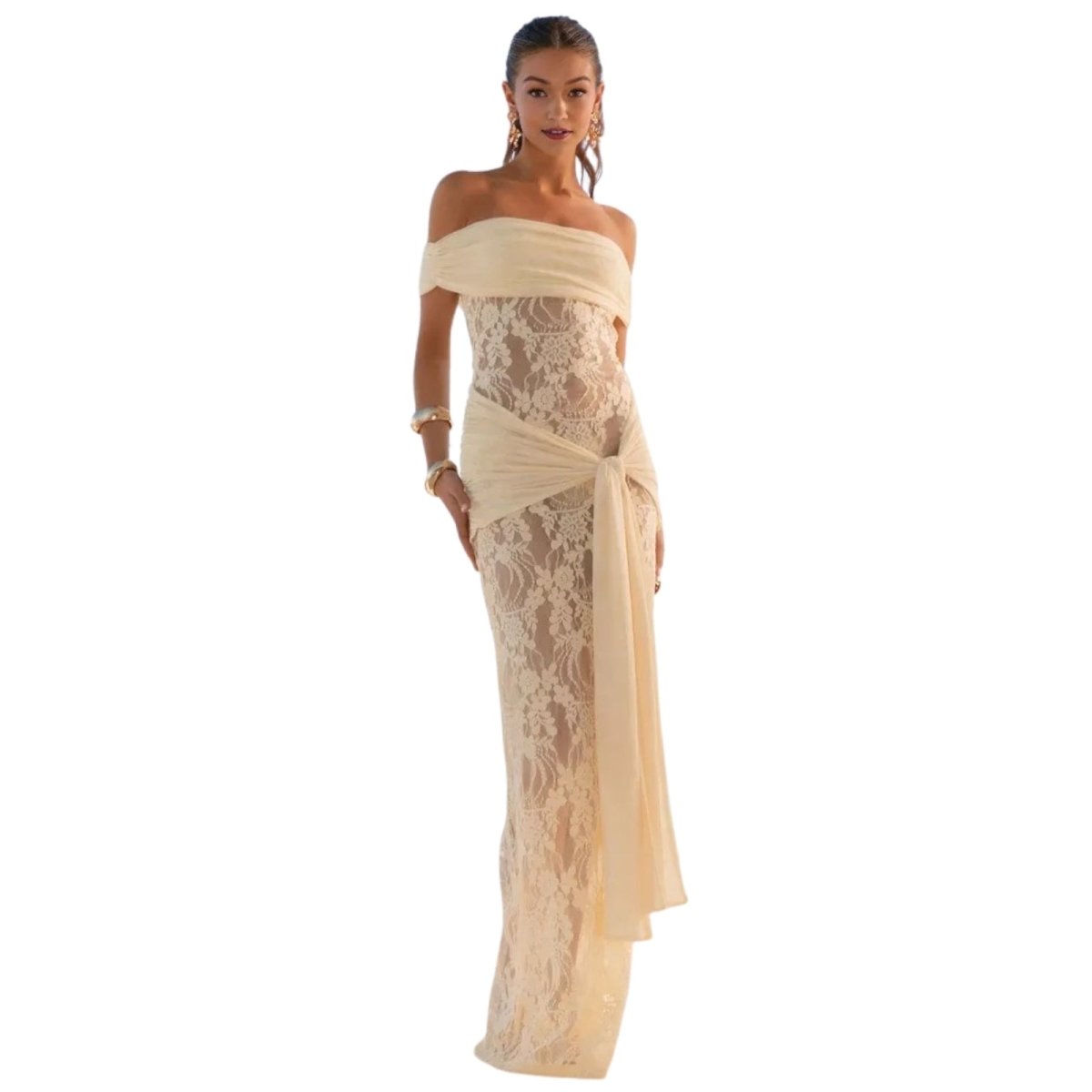 Woman wearing a yellow Kouvr off-shoulder lace dress on a white background
