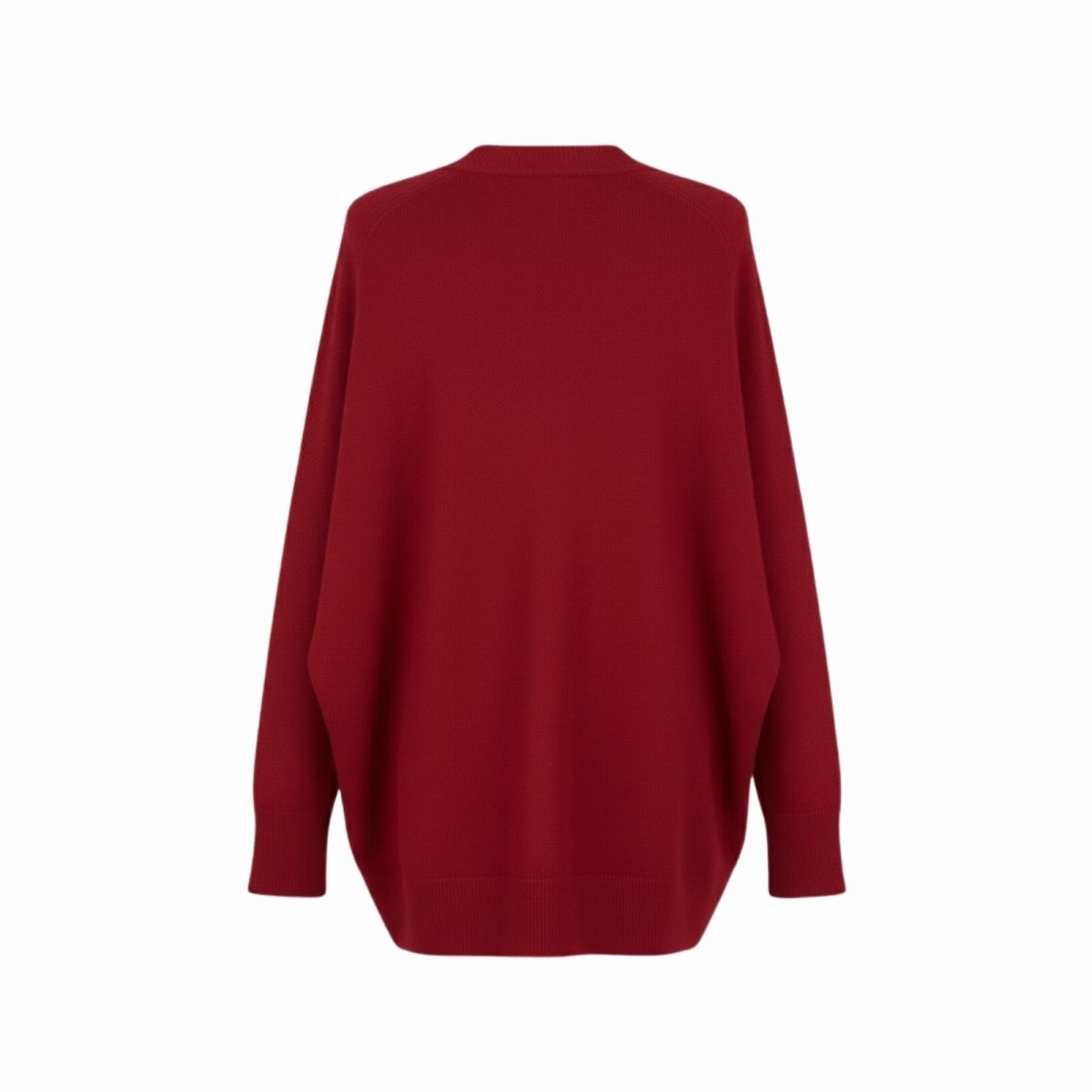 Back view flat lay of the Kouvr Fashion oversized cashmere wool sweater in crimson red on a white background.