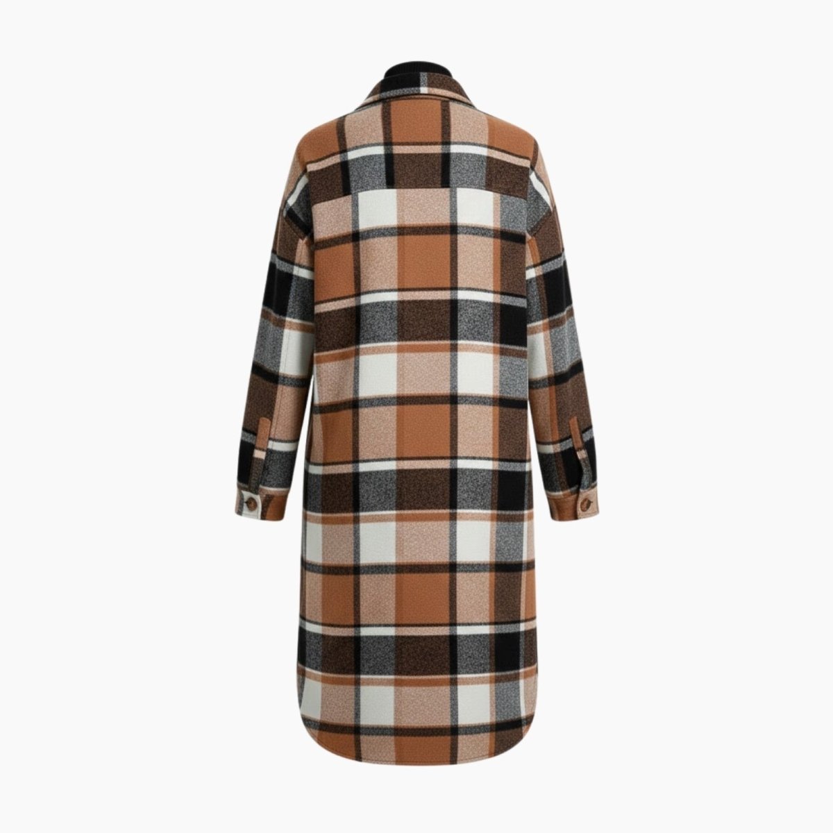 Plaid coat with khaki, black, and beige pattern on a white background