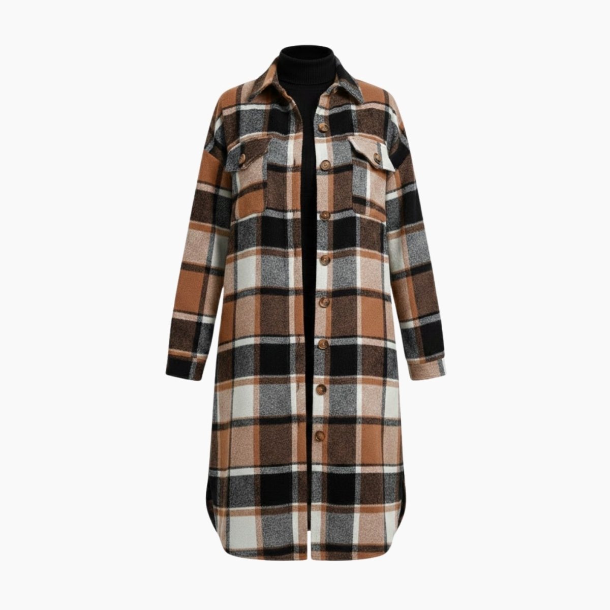 Plaid shirt with khaki, black, and beige pattern on a white background