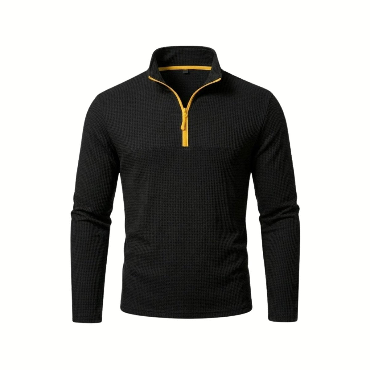 Product shot of the Kouvr Fashion Men's Black Quarter-Zip Pullover laid flat, showing the waffle knit texture and yellow contrast zipper.