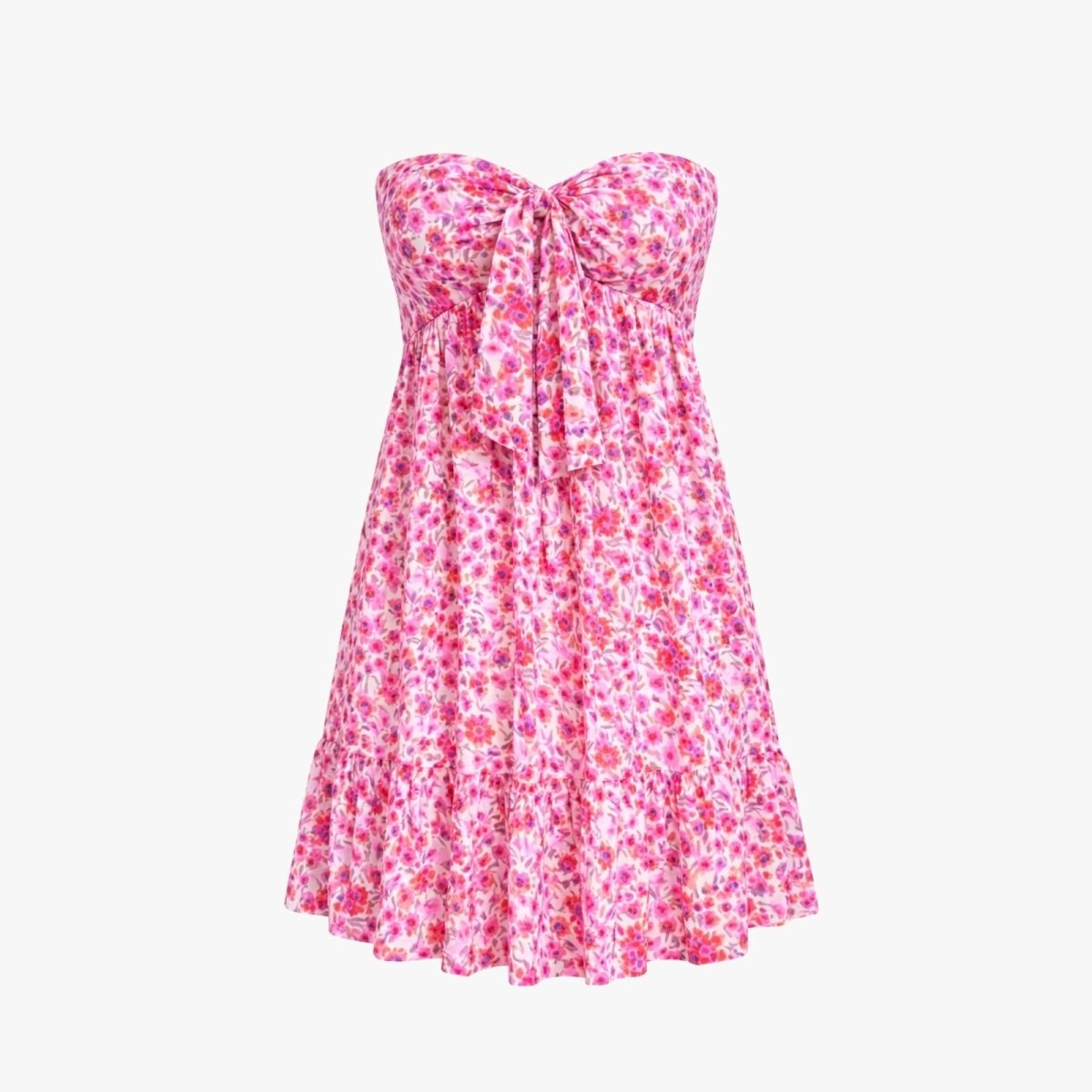 Flatlay image of the pink floral strapless mini dress with a prominent bow detail at the bust.