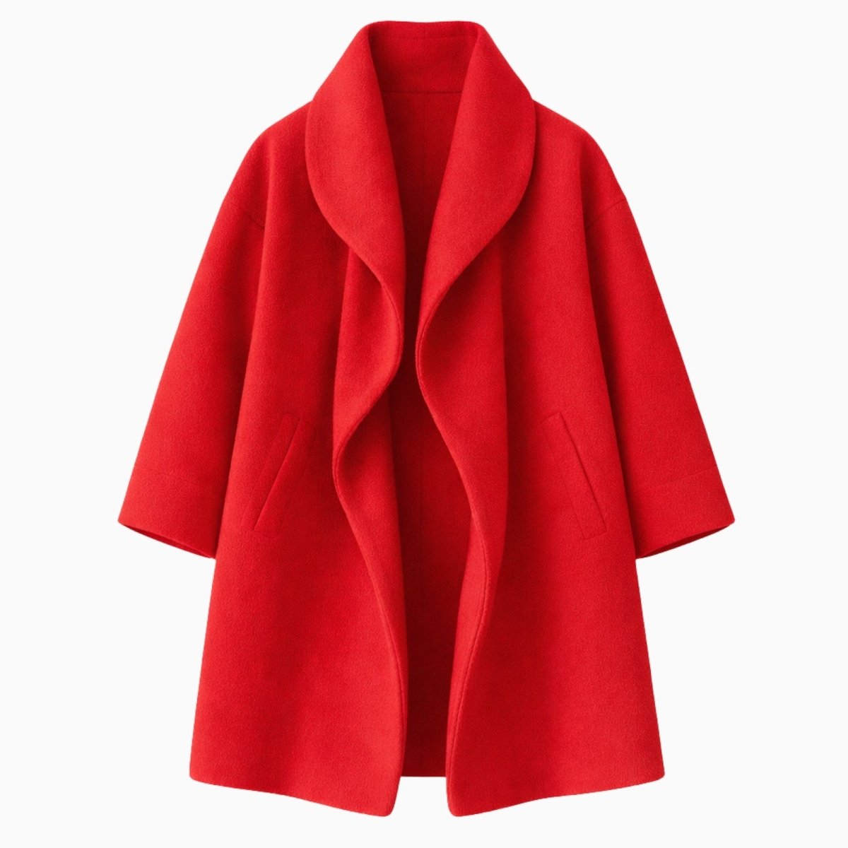Flat lay product shot of the Kouvr Fashion red open-front coat, highlighting the shawl collar and fabric texture.