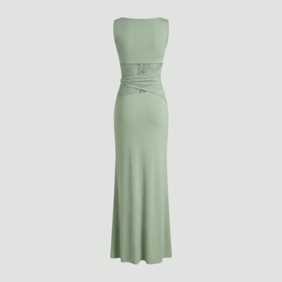 Product-only image of the Kouvr Fashion sage green lace insert maxi dress on a light background, back view.