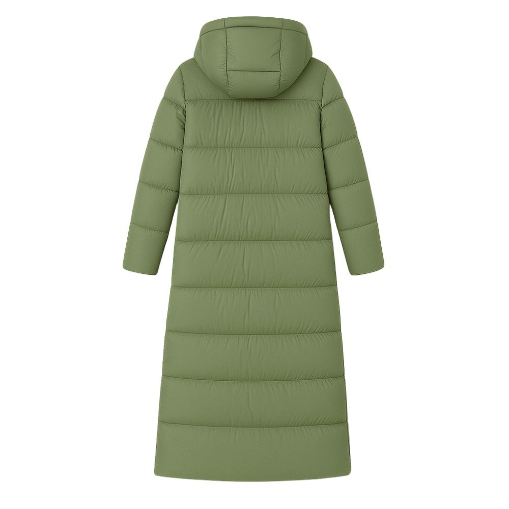 quilted outerwear," "thermal insulation," "cold weather essential," "winter parka," and "elegant down coat