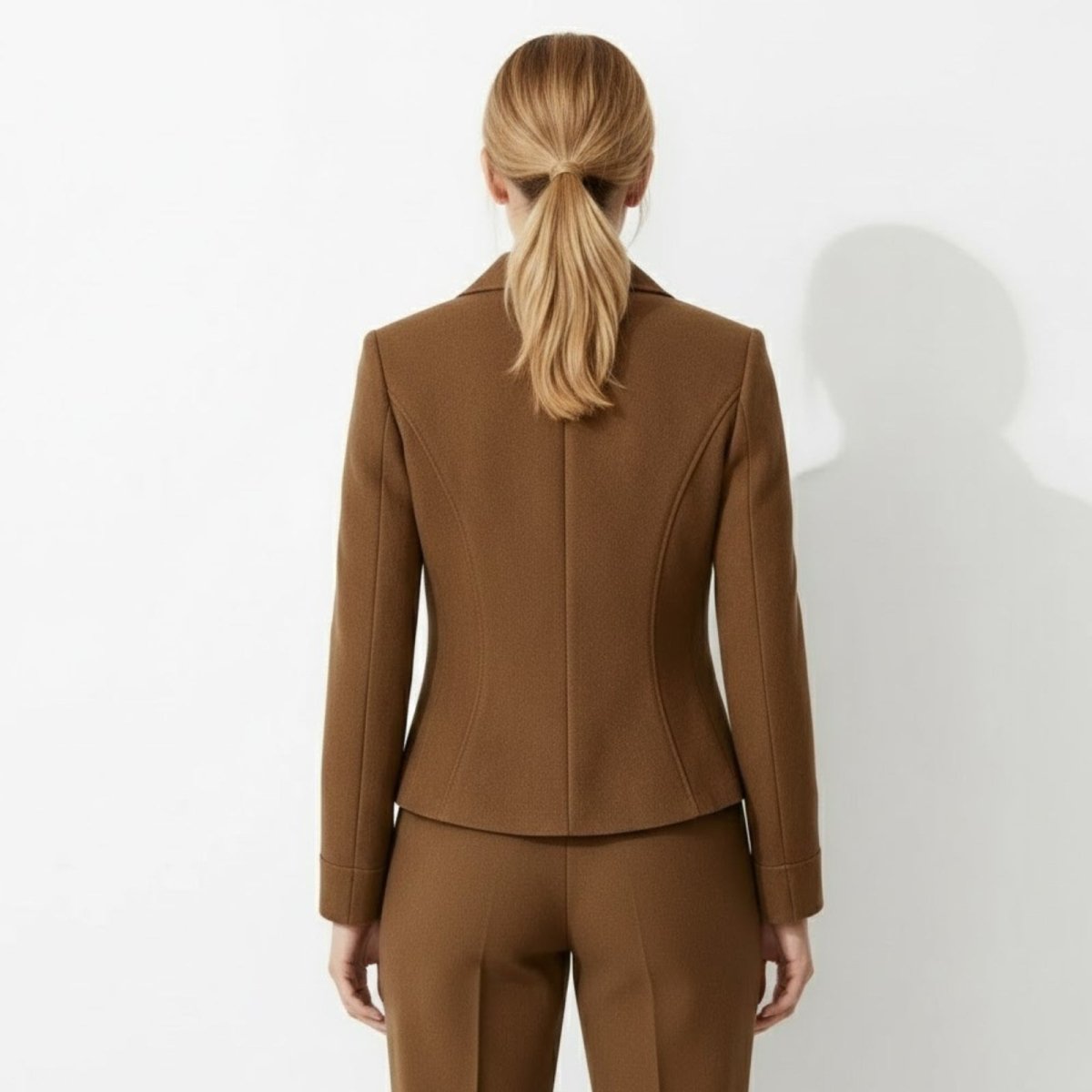 Back view of the Kouvr Fashion Signature Tailored Blazer in Espresso Brown, highlighting the shaping princess seams and tailored waist.
