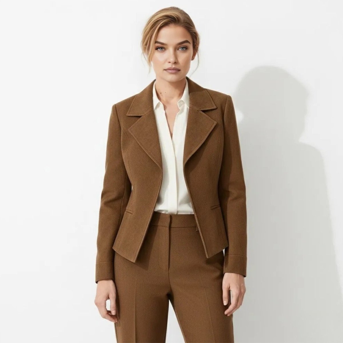 Model wearing the Kouvr Fashion Signature Tailored Wool-Blend Blazer in Espresso Brown with matching trousers, posing against a white background.