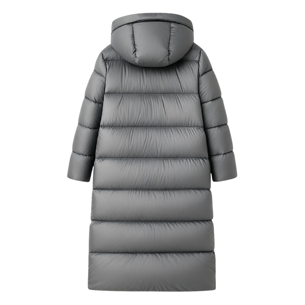 quilted outerwear," "thermal insulation," "cold weather essential," "winter parka," and "elegant down coat
