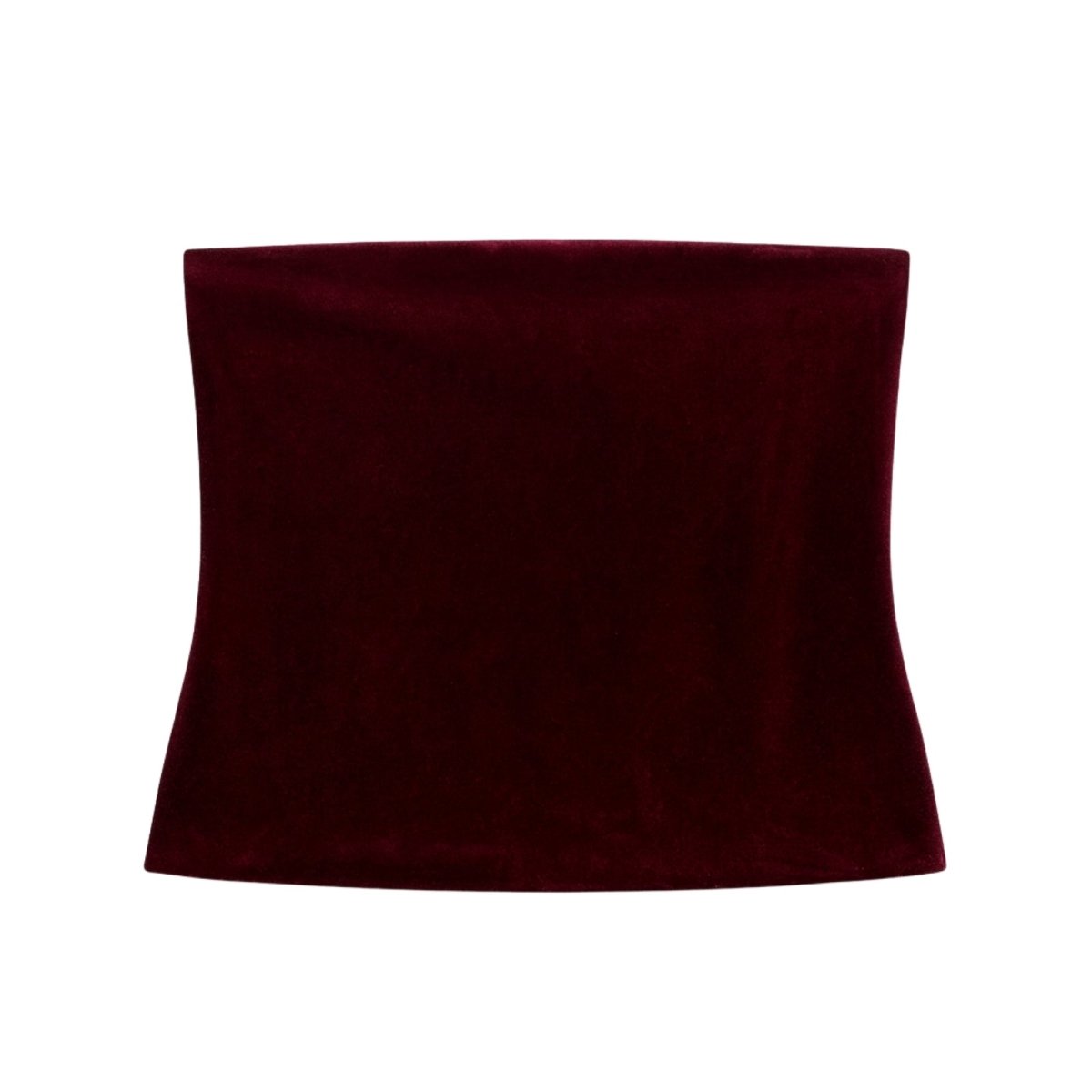 Flat lay of the back of the Kouvr Fashion Sophia burgundy velvet top, showing the simple and elegant strapless design.